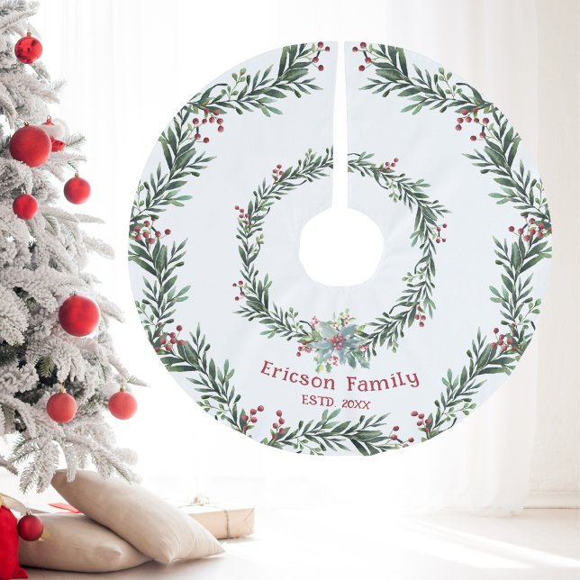 Red Holly med Grönt WAN, Festive, Family Namn Julgransmatta Borstad Polyester (Red Holly with Green Wreath, Festive, Family Name Brushed Polyester Tree Skirt)