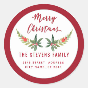 Red holly modern script God jul Runt Klistermärke