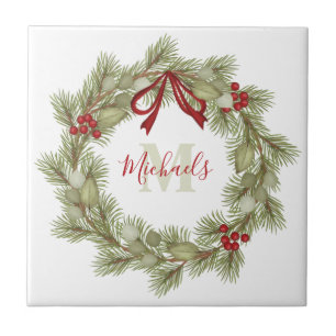 Red Holly Monogram från Jul Botanias krans Kakelplatta