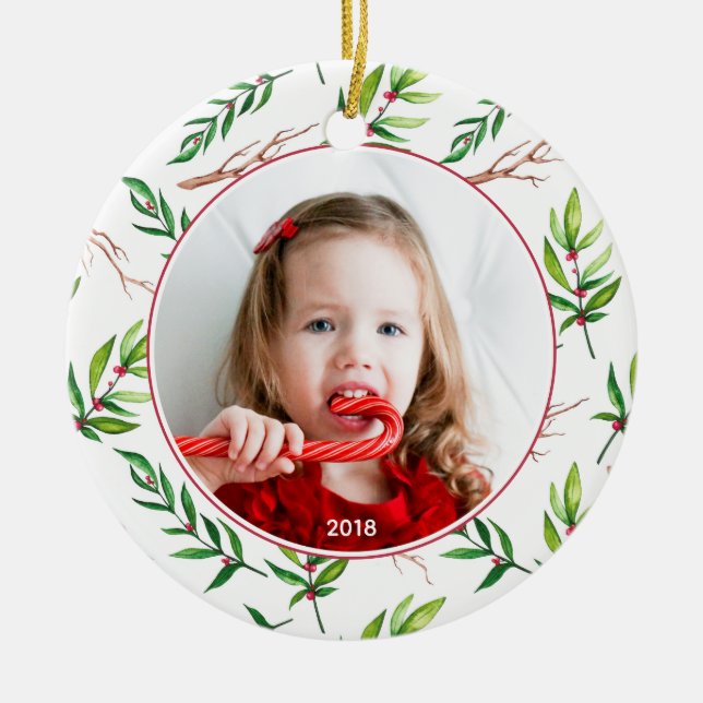 Red Holly Mönster jul Photo Helgdag Julgransprydnad Keramik (Framsidan)