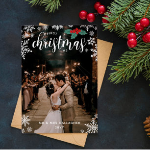 Red Holly Snöflingor 1:a julfoto Bröllop Julkort