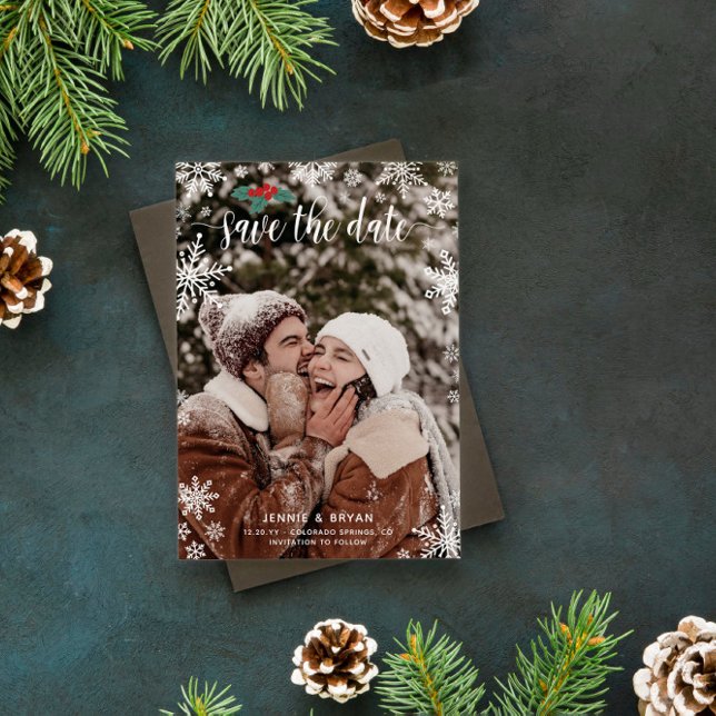 Red Holly Snöflingor Big Photo jul Bröllop Spara Datumet (Skapare uppladdad)