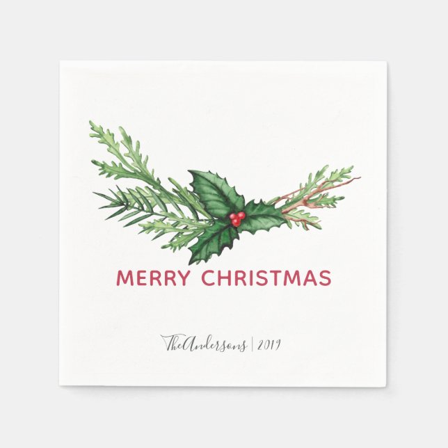 Red Holly Watercolor Bouquet jul-Helgdag Pappersservett (Framsidan)