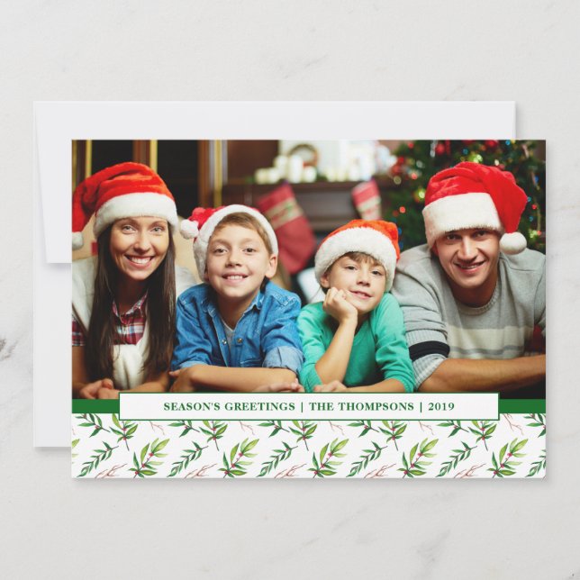 Red Holly Watercolor God jul Family Photo Julkort (Framsida)
