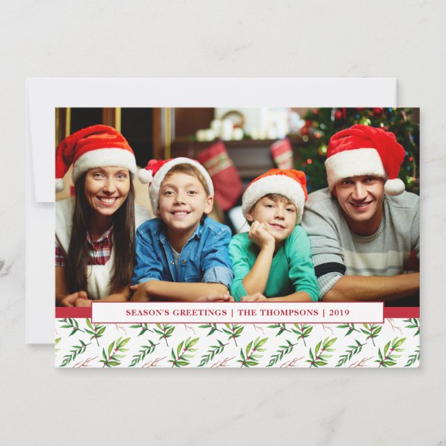 Red Holly Watercolor God jul Family Photo Julkort (Framsida)