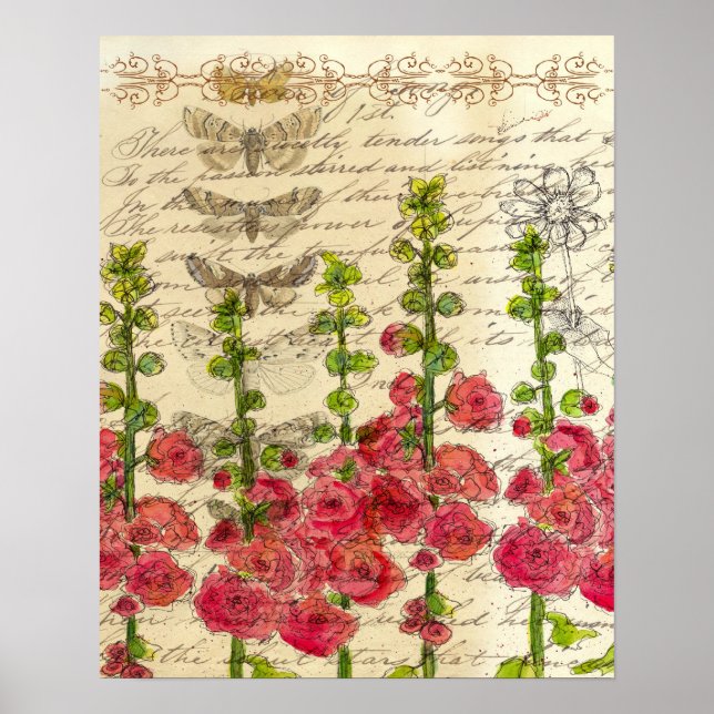Red Hollyhocks Apple Blommar Butterfly Collage Poster (Framsidan)