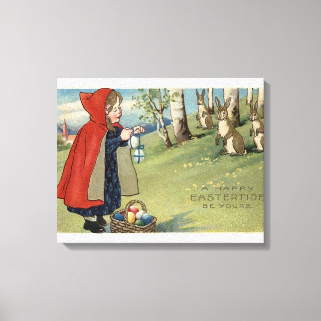 Red Hooded Girl Handggs Eggs till kaniner Canvastryck (Framsida)