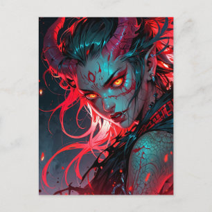 Red Horned Anime Girl Vykort