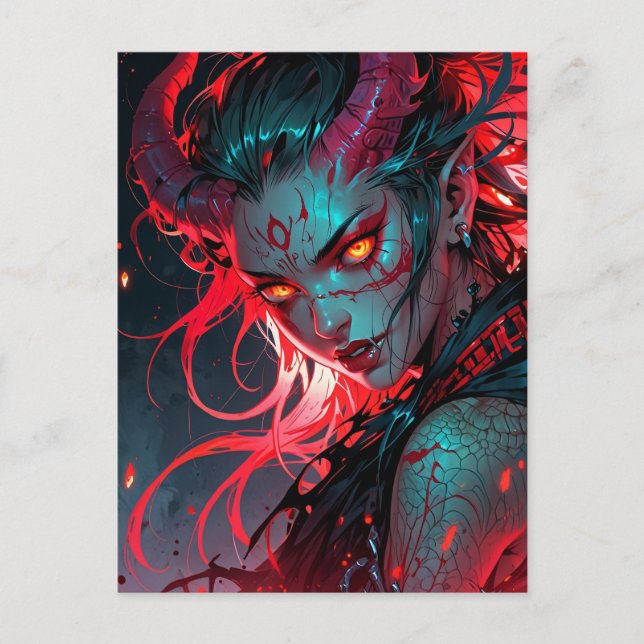 Red Horned Anime Girl Vykort (Framsida)