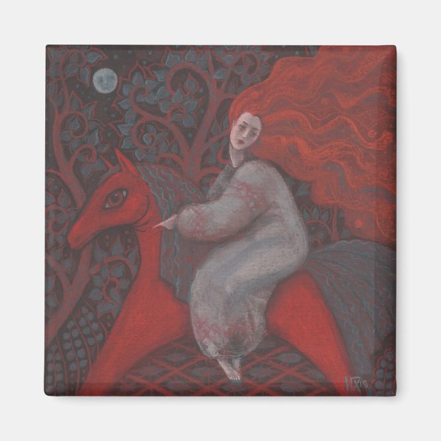 "Red Horse", ingeferkvinna, folkkonst, jordskalv Magnet (Framsidan)