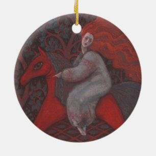 "Red Horse", rödhårig kvinna, fantasykonst Julgransprydnad Keramik