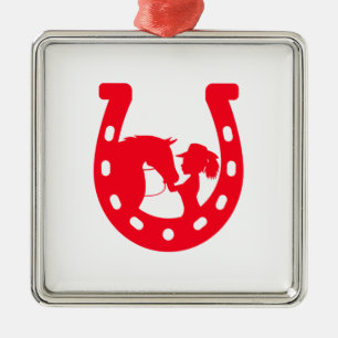 Red Horseshoe Girl and Horse Julgransprydnad Metall