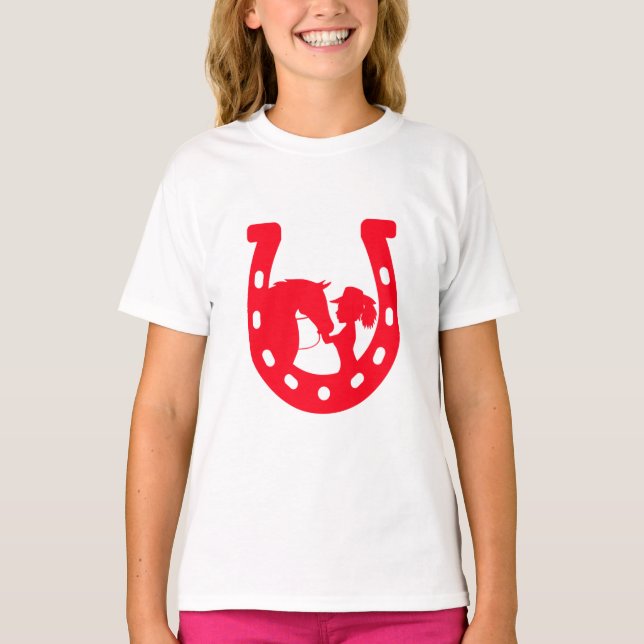 Red Horseshoe Girl and Horse T Shirt (Framsida)