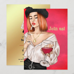 Red Hred Fransk Vin Woman Bachelorette Party Inbjudningar