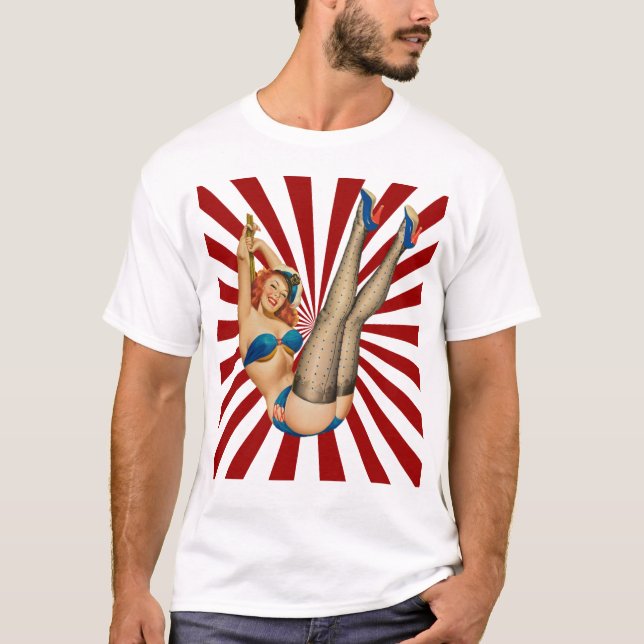 Red Hred Pin-up Girl Retro Sunset T Shirt (Framsida)
