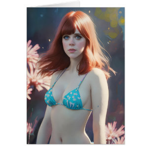 Red Hred Woman i Bikini Blank Inside Hälsning Hälsningskort