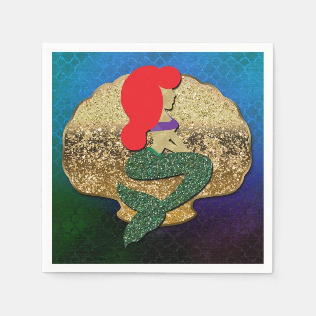 Red HSjöjungfru Golden Seashell Födelsedagsfest  Pappersservett (Framsidan)