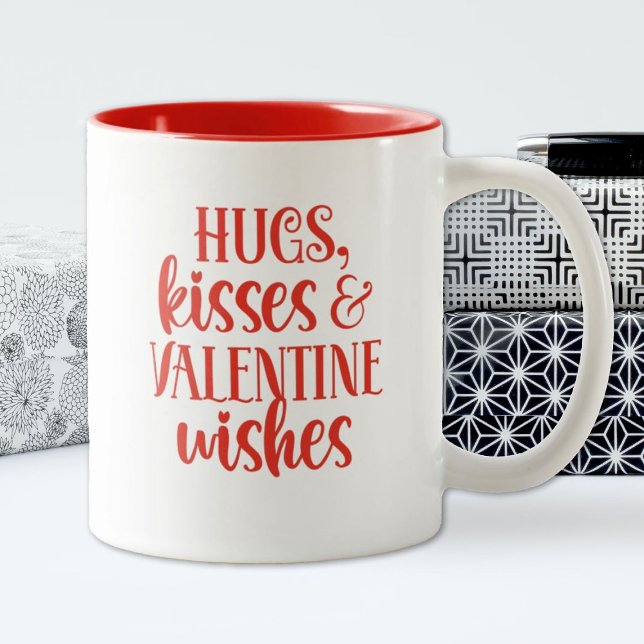 Red Hugs Kisses Valentines day Coffee Mugg (a cute Valentine's Day mug with the words hugs and kisses and Valentine Wishes)