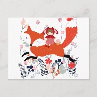 Red huva ridtjej och räv i blomsterträdgård vykort