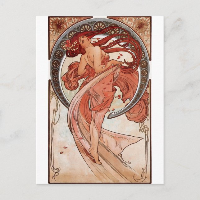 Red Hved Dancing Girl - Mucha Vykort (Framsida)