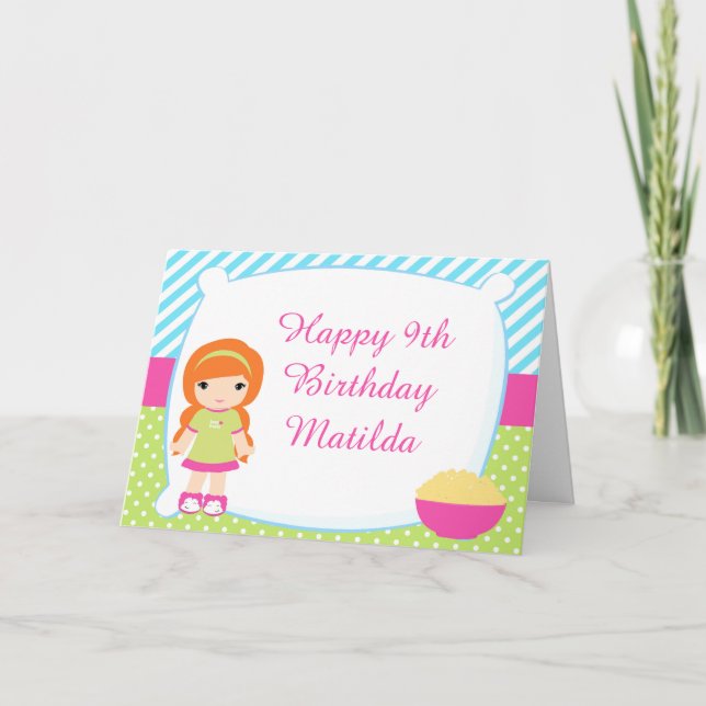 Red Hved Girl Sleepover Slumber Party Birthday Kort (Framsida)