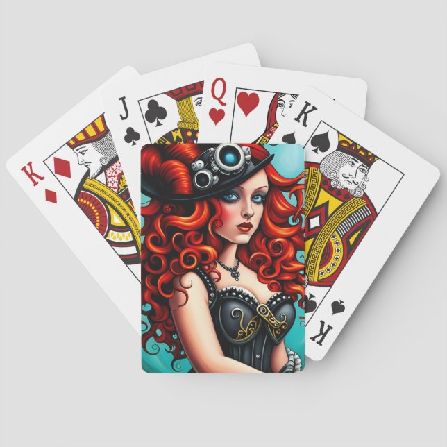 Red Hved Steampunk Woman Casinokort (Baksidan)