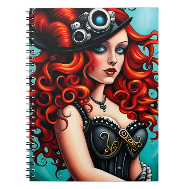 Red Hved Streampunk Woman Anteckningsbok (Framsidan)
