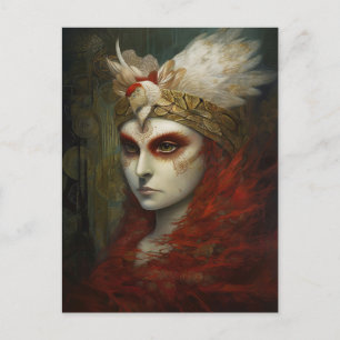 Red Hved Woman Feather Krona Vykort