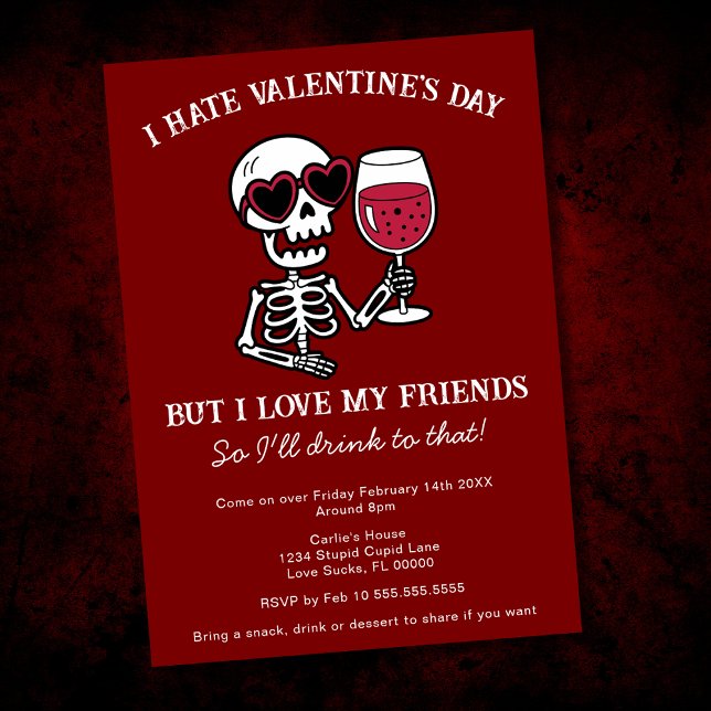 Red I Hate Valentine Day Skeleton Drinking Vin Inbjudningar (Skapare uppladdad)