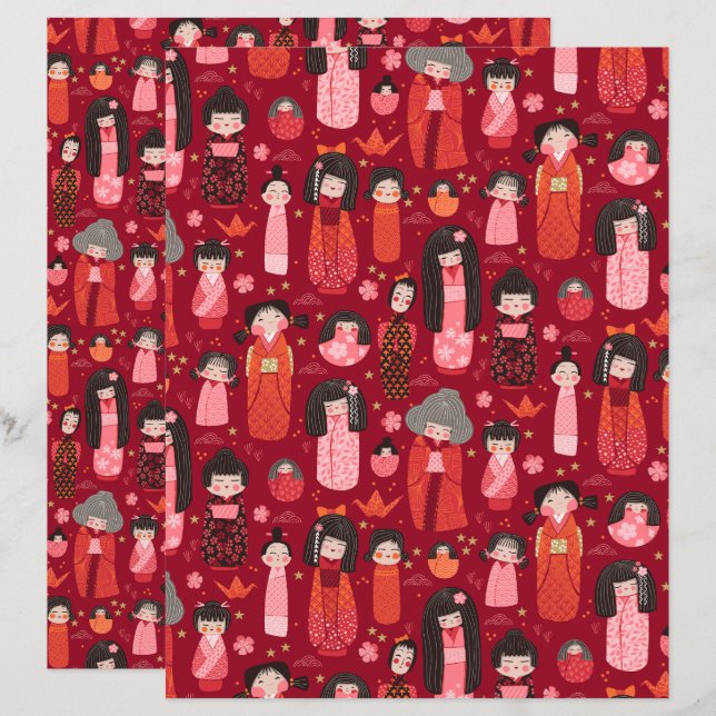 Red Illustrated Japansk Kokeshi-skrapbok Papper (Fram/baksida)