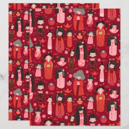 Red Illustrated Japansk Kokeshi-skrapbok Papper