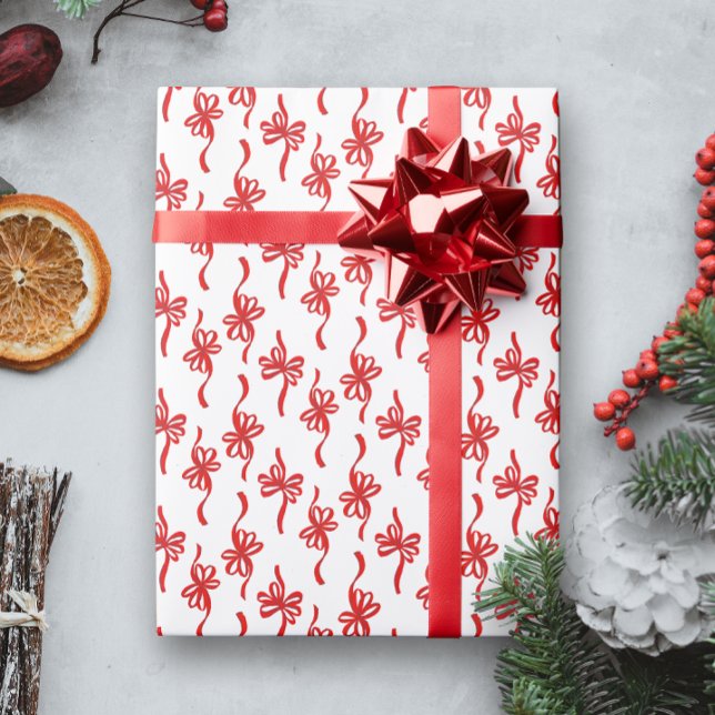 Red Illustrated Loopy Bows-jul Mönster Presentpapper (white Christmas holiday gift wrapping paper with a pattern of red looping bows)