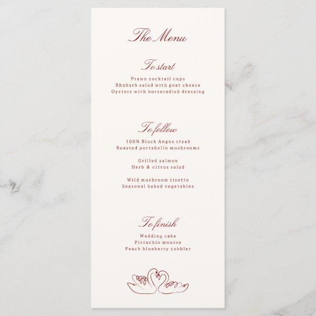 Red Illustrated Swans Whimsical Wedding Menu Meny (Framsida)
