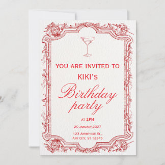 red illustrated vintage birthday party invitation inbjudningar