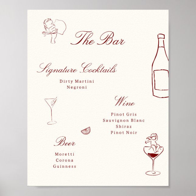 Red Illustrated Whimsical Wedding Bar Menu Poster (Framsidan)