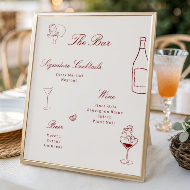 Red Illustrated Whimsical Wedding Bar Menu Poster (Skapare uppladdad)