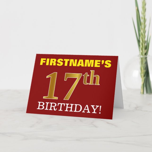 Red, Imitation Guld "17:e BIRTHDAY"-födelsedagskor Kort (Framsida)