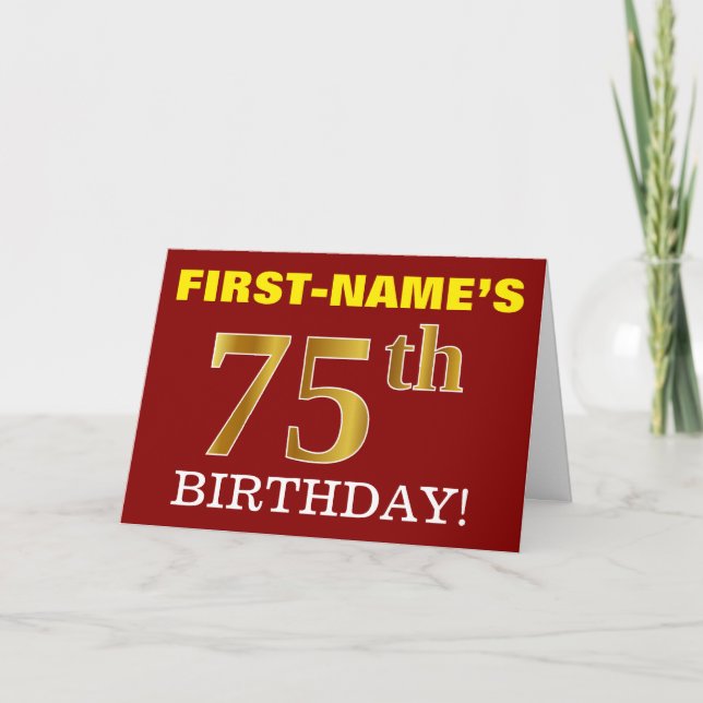 Red, Imitation Guld "75:e BIRTHDAY", födelsedagsko Kort (Framsida)