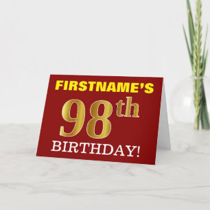Red, Imitation Guld, 98:e BIRTHDAY-födelsedagskort Kort