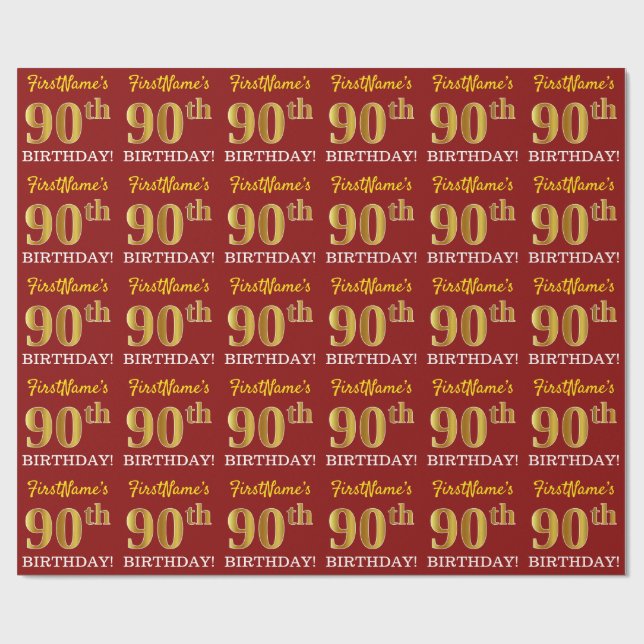 Red, Imitation Guld ser "90:e BIRTHDAY" Presentpapper (Platt)