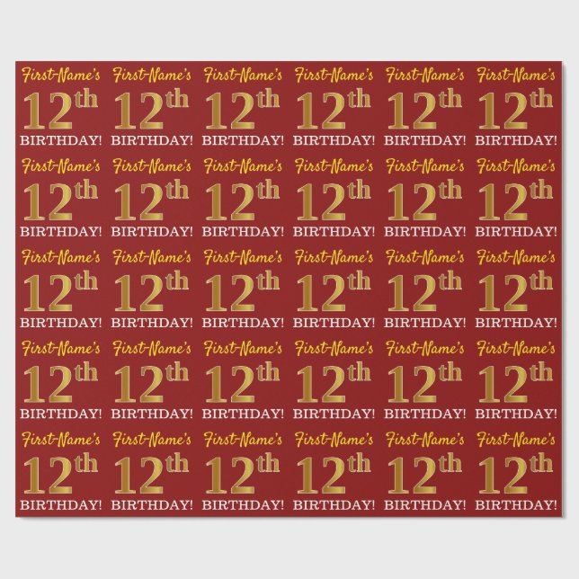 Red, Imitation Guld titta "12:e BIRTHDAY" Presentpapper (Platt)