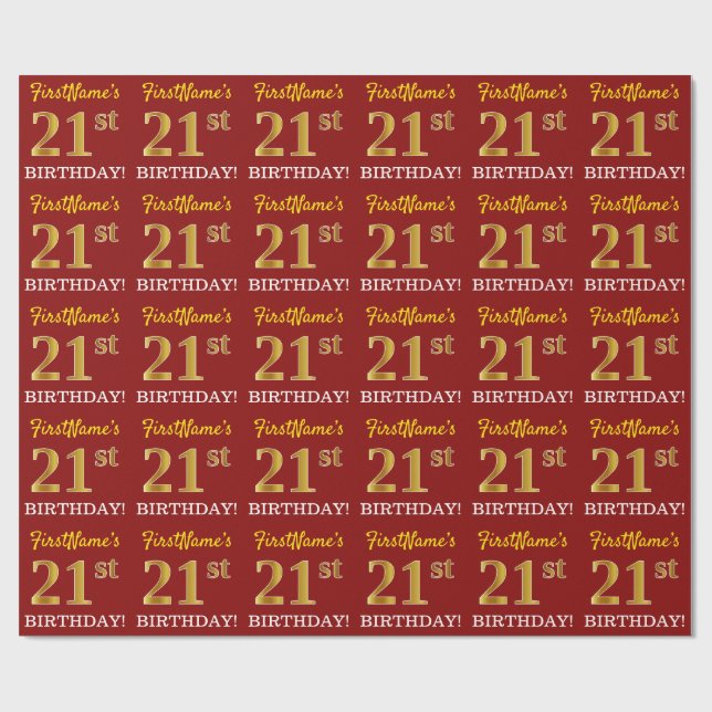 Red, Imitation Guld titta "21:a BIRTHDAY" Presentpapper (Platt)