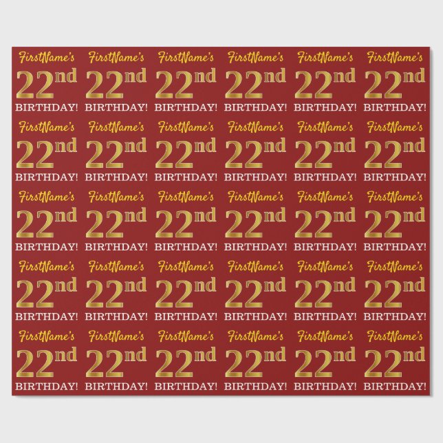 Red, Imitation Guld titta "22:a BIRTHDAY" Presentpapper (Platt)