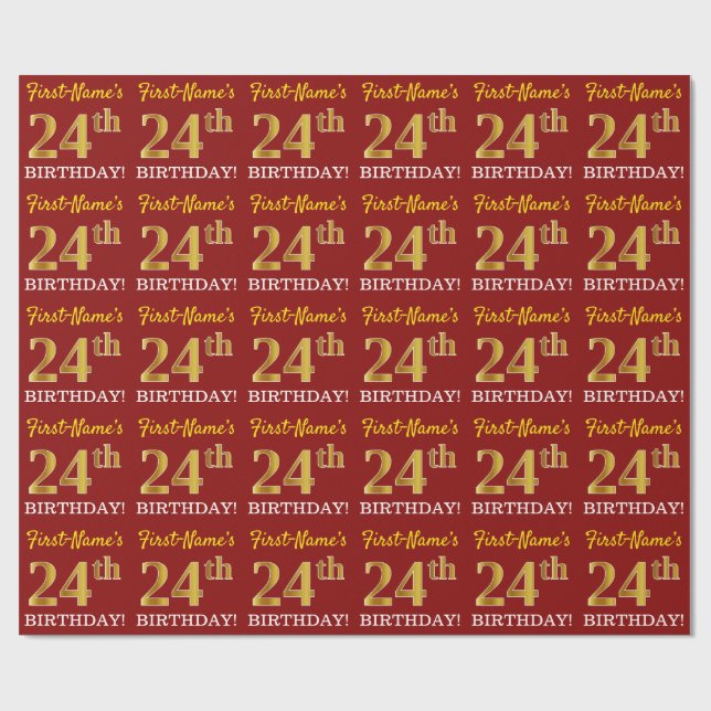 Red, Imitation Guld titta "24:e BIRTHDAY" Presentpapper (Platt)
