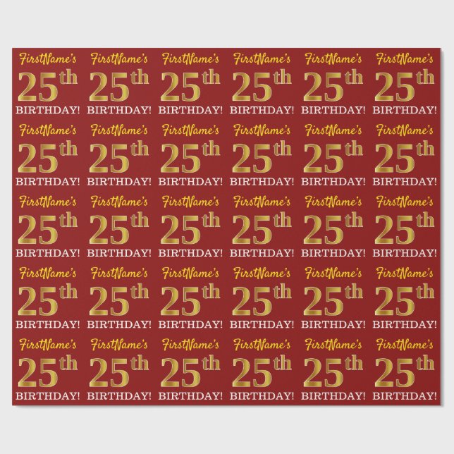 Red, Imitation Guld titta "25:e BIRTHDAY" Presentpapper (Platt)