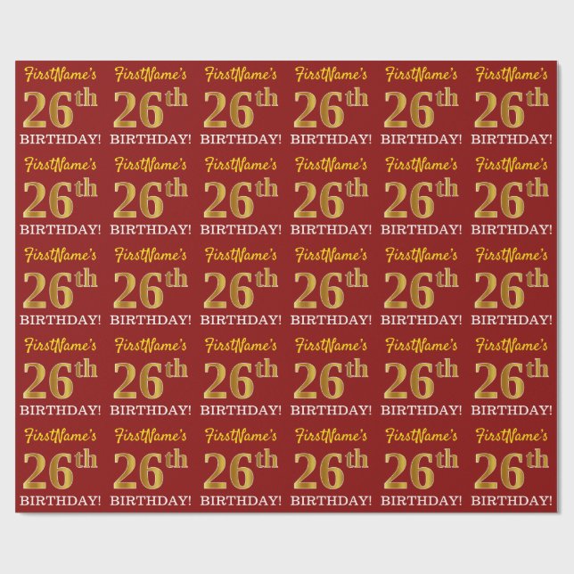 Red, Imitation Guld titta "26:e BIRTHDAY" Presentpapper (Platt)