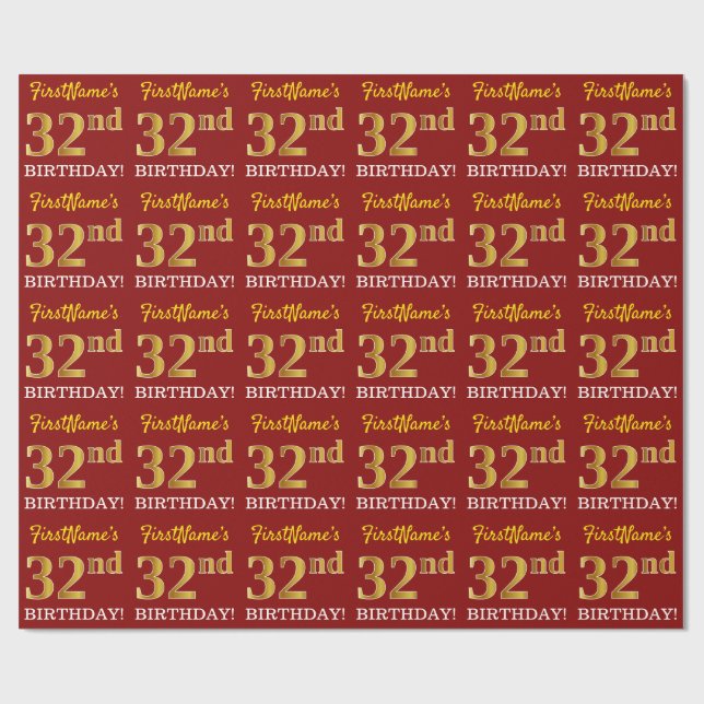Red, Imitation Guld titta "32:a BIRTHDAY" Presentpapper (Platt)