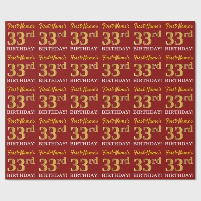 Red, Imitation Guld titta "33:e BIRTHDAY" Presentpapper (Platt)
