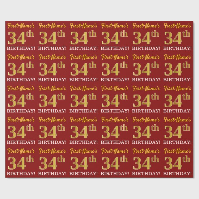 Red, Imitation Guld titta "34:e BIRTHDAY" Presentpapper (Platt)