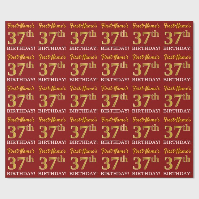 Red, Imitation Guld titta "37:e BIRTHDAY" Presentpapper (Platt)